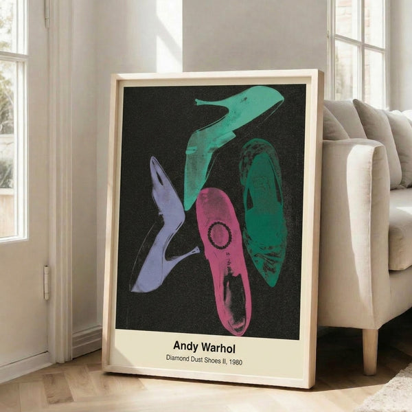 Framed pop art poster displaying iconic shoe silhouette in black with silver sparkle effects, sophisticated monochromatic artwork with minimalist appeal.