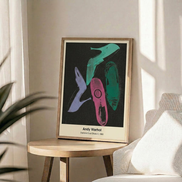 Sleek black shoe artwork with diamond dust shimmer on clean white ground, pop art style framed print exuding glamorous modern minimalism.