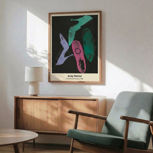 Pop art framed poster of stylized black footwear featuring silver diamond dust accents, elegant minimalist design for sophisticated wall décor.