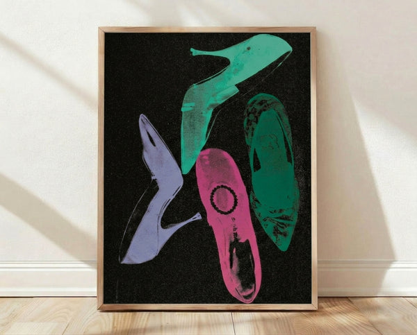 Pop art print of Diamond Dust Shoes II featuring a minimalist silhouette of a shoe in black and white tones, framed on a wall as modern home decor.