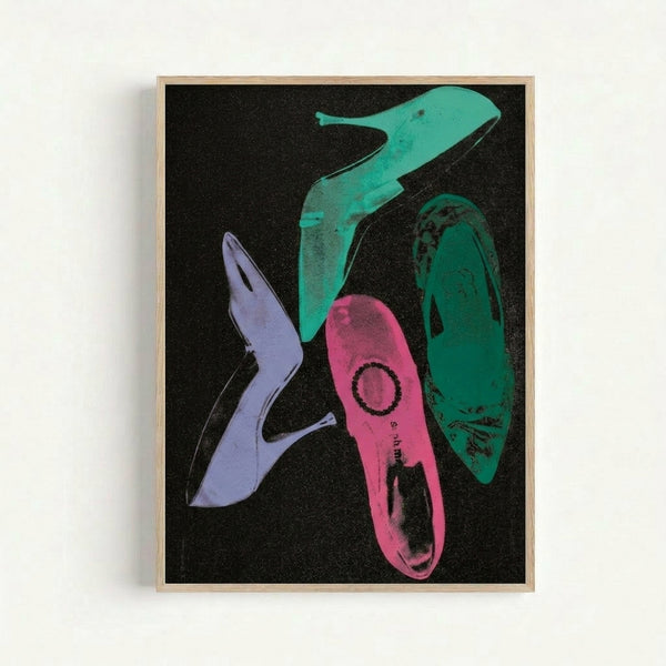 Warhol-inspired framed poster displaying a stylized shoe design with diamond dust effect in monochromatic colors, contemporary wall art.