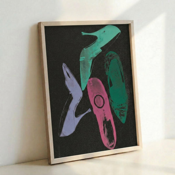 Minimalist black and white shoe artwork framed as a print, showcasing pop art aesthetic and modern graphic design sensibility.