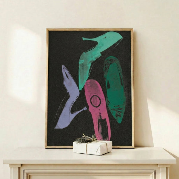 Framed Diamond Dust Shoes II print with sleek monochromatic palette and clean lines, a striking piece of pop art for contemporary interiors.