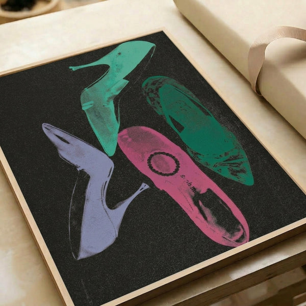 Pop art poster of an iconic shoe design rendered in minimalist black and white, framed as contemporary wall art.