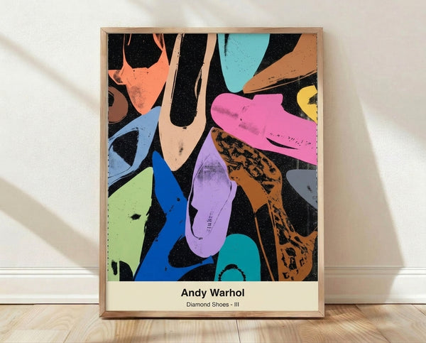 Pop art poster of diamond dust shoes in black and silver metallic tones, featuring a minimalist yet glamorous composition inspired by Warhol's iconic style.