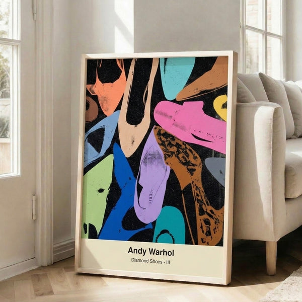 Glamorous Art Deco-inspired poster of diamond dust shoes with metallic silver highlights on black, embodying sophisticated pop art aesthetics.