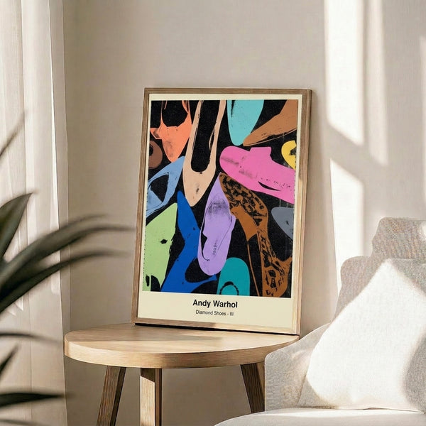 Contemporary pop art print showcasing diamond shoes in luxe black and metallic silver tones with minimalist design sensibility.