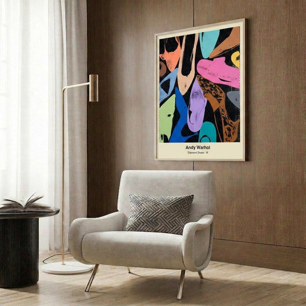 Minimalist pop art poster featuring iconic diamond shoes rendered in sophisticated blacks and metallics, bringing upscale glamour to any space.