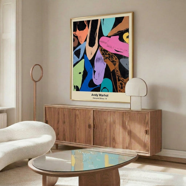 Fashion-forward pop art framed poster of diamond dust shoes in sleek black with silver metallic details, exuding refined artistic sophistication.