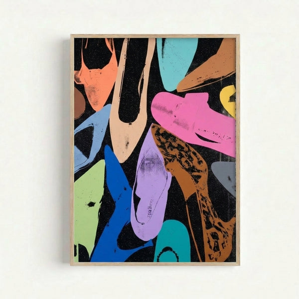 Framed art print featuring glamorous high-heeled shoes rendered in bold, colorful pop art style with luminous highlights.