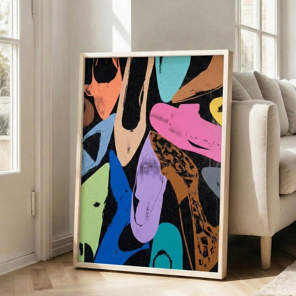 Wall-mounted framed poster of elegant shoes with diamond-like sparkle details in vivid pop art palette.