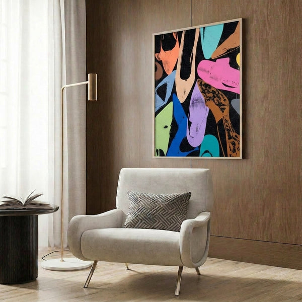 Framed contemporary art print showcasing glamorous shoes in bold pop style with iridescent finishing touches.