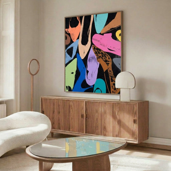 Fashion-forward pop art poster of shimmering diamond dust shoes in luxurious, saturated hues hanging as wall decor.