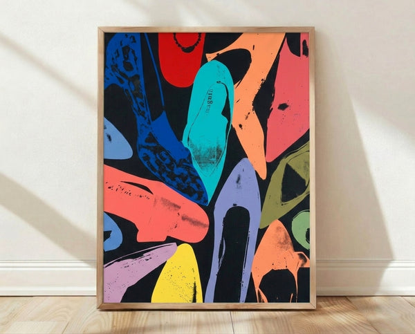 Pop art print of diamond dust shoes in black and silver tones, minimalist modern aesthetic framed on wall.
