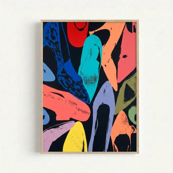 Black shoe silhouette with silvery diamond dust effect, iconic pop art style poster displayed as wall art.