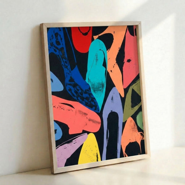 Minimalist framed print featuring stylized black shoes with shimmering silver accents in contemporary pop art design.