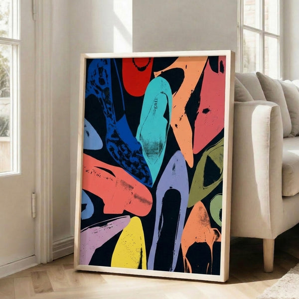 Diamond dust shoes artwork in black and metallic silver, modern pop art poster hanging as wall decor.