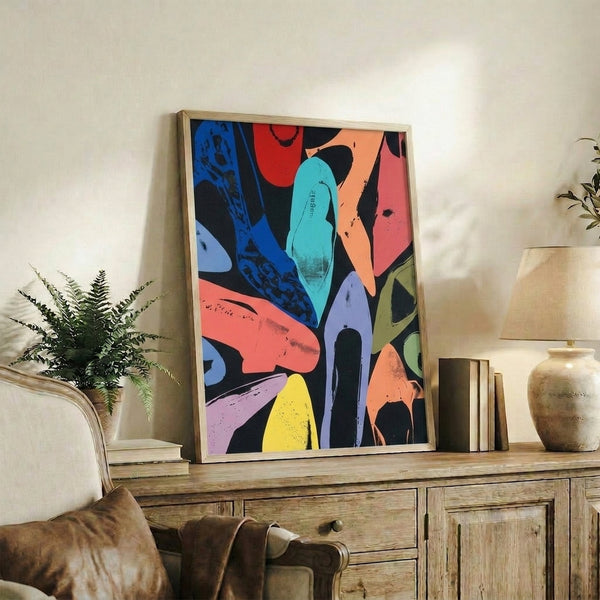 Sleek black shoe illustration with sparkly silver diamond dust finish, minimalist pop art print framed and mounted.