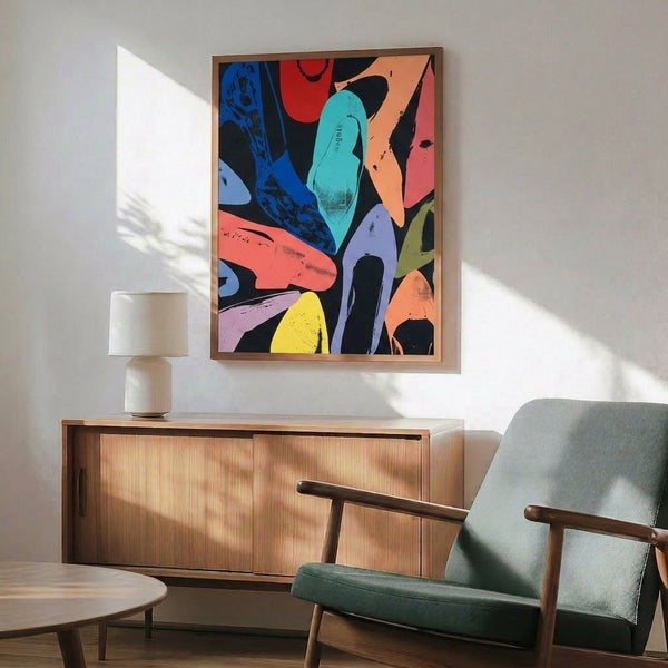 Iconic pop art shoe print in black and silver tones with diamond dust effect, modern minimalist framed artwork.