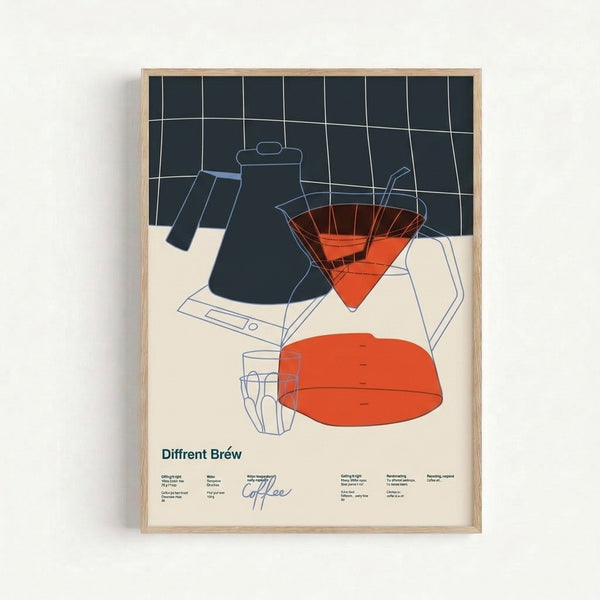 Modern coffee diagram with simple line illustrations of brewing equipment and vessels in a muted color palette of gray, cream, coral, and blue displayed as a framed art print.