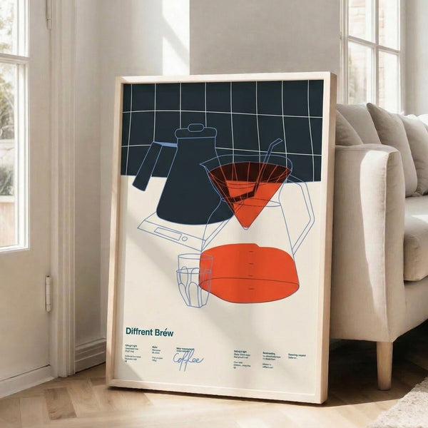 Instructional coffee poster with clean line-art style showing brewing vessels and equipment in a modern minimalist design with warm and cool accent colors.