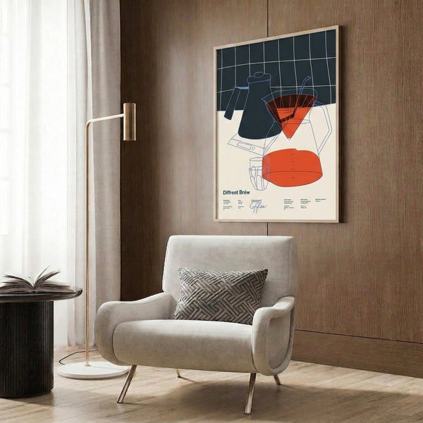 Framed minimalist art print depicting coffee brewing methods through simple line illustrations in charcoal gray, cream, coral, and light blue hues.