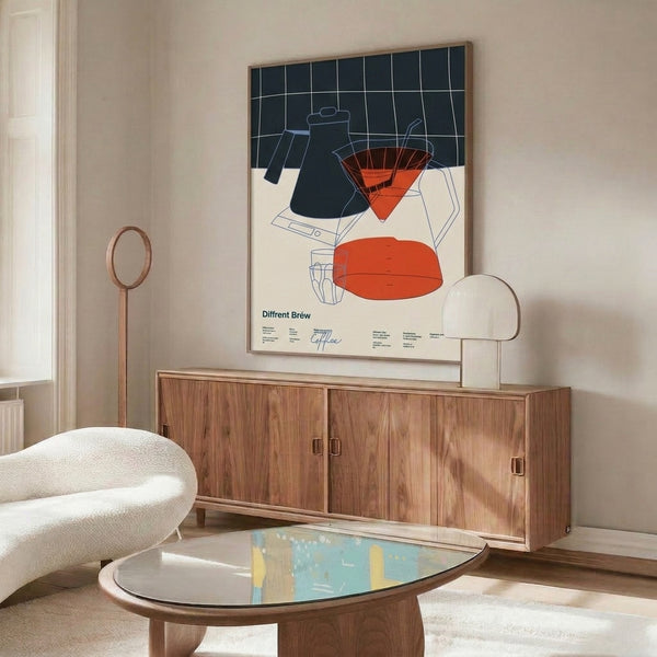 Modern line-art coffee diagram with contemplative minimalist aesthetic showing kettles, filters, and cups in muted charcoal, cream, coral orange, and blue.