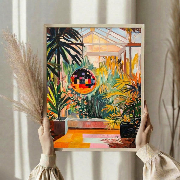 Abstract poster depicting a sunny, playful greenhouse scene with tropical plants, a reflective disco ball, and colorful foliage in warm greens and pinks framed on a wall.