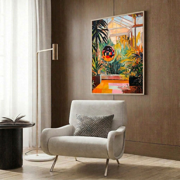 Contemporary art print showcasing a vibrant greenhouse with flowering plants, palm leaves, and a glittering disco ball amid bright yellows, oranges, and greens.