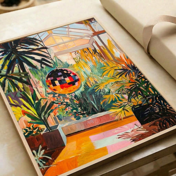 Modern abstract wall art of a luminous greenhouse interior filled with potted plants and blooms, centered around a dazzling disco ball in a cheerful palette of citrus and botanical hues.