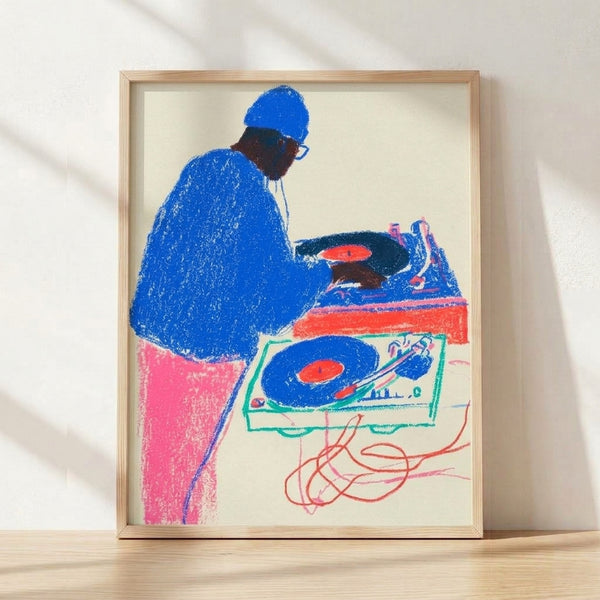 Vibrant pop art sketch of a DJ wearing headphones at a turntable with vinyl record, rendered in hot pink, coral red, and navy blue on cream background, framed poster on wall.