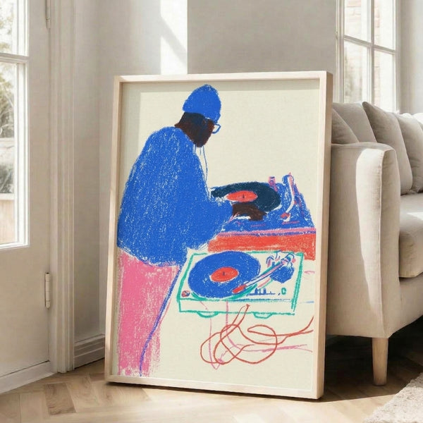 Y2K-style turntable and vinyl record artwork featuring a DJ figure in energetic pop art aesthetic, bold hot pink and coral tones contrasted with navy and cream.