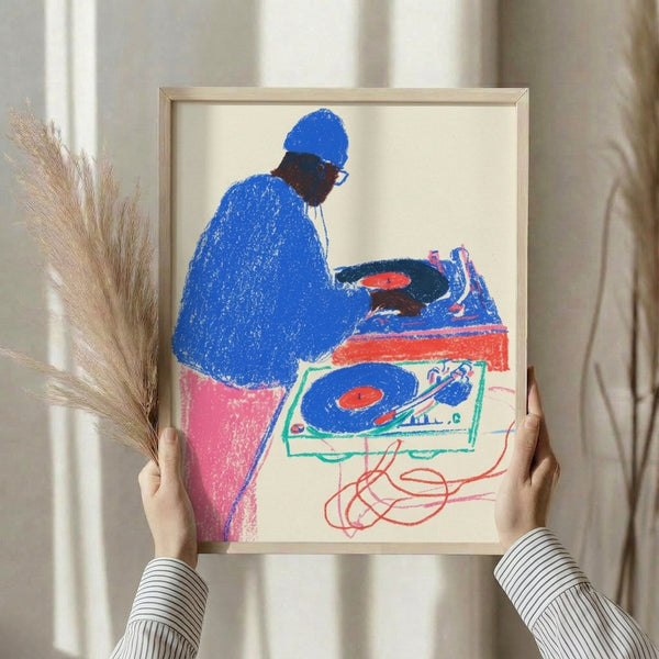 Contemporary pop art print of a DJ at a turntable with vinyl records and headphones in vibrant hot pink, coral, and blue hues, modern sketch style wall art.