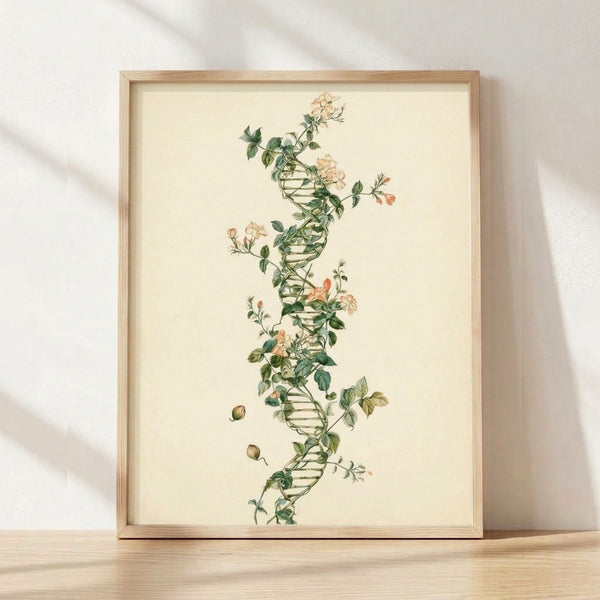 Watercolor botanical wall art depicting a delicate DNA helix intertwined with rose vines and leaves in soft peach, sage, and cream tones, framed on a wall.