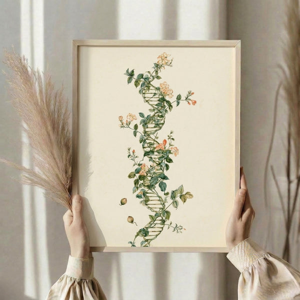 Framed vintage-style watercolor print combining scientific DNA spiral imagery with organic rose flowers and botanical foliage in muted greens and peachy hues.