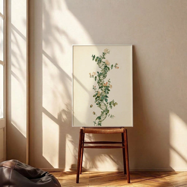 Soft watercolor painting merging a DNA double helix with climbing rose vines and leafy stems in cream, tan, and sage green tones, displayed as framed wall art.