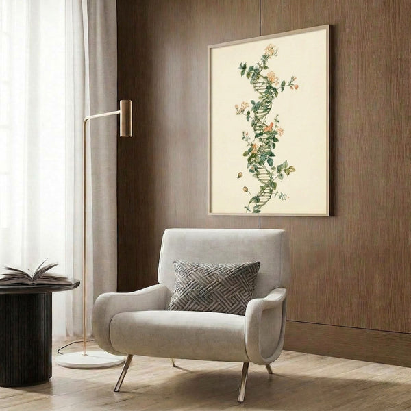 Serene botanical watercolor artwork blending scientific DNA structure with delicate roses and vine elements in peaceful muted earth tones, hung as a framed poster.