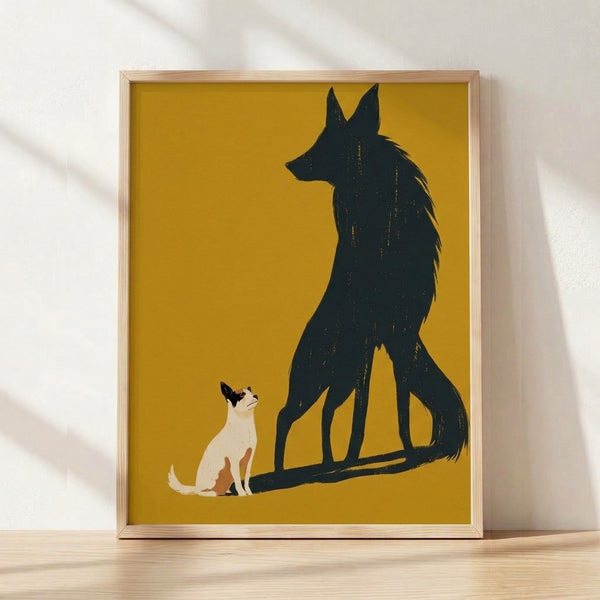 Minimalist line art poster featuring a small dog with its shadow cast as a powerful wolf, rendered in mustard yellow, charcoal black, and cream on a framed wall print.