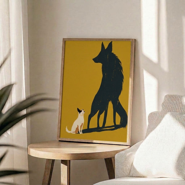 Framed modern art print depicting a dog silhouette transforming into a wolf shadow, executed in contemplative minimalist line work with warm mustard and neutral tones.