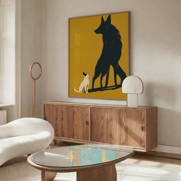 Introspective line art poster showing a dog and its wolf shadow in minimalist style, combining mustard yellow and charcoal hues in an evocative wall display.