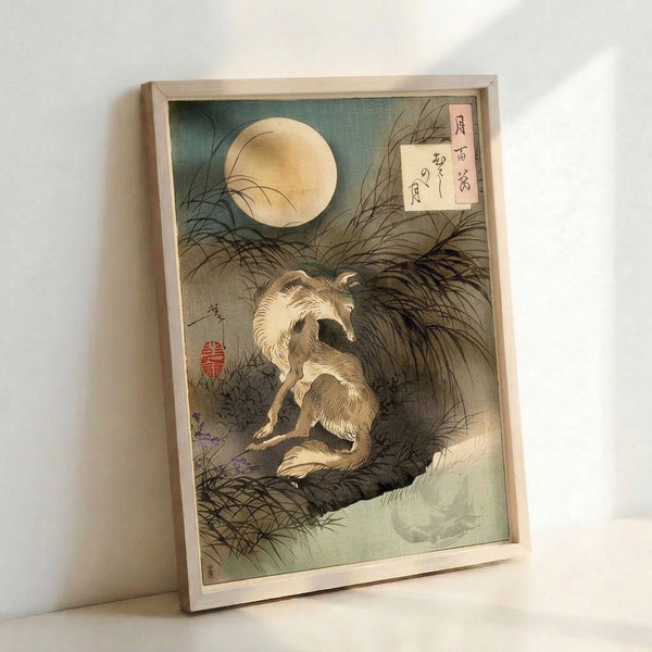 Zen-inspired woodblock artwork showing a dog in grass beneath the moon, executed in muted teal-grey and dark brown palette with serene atmosphere.
