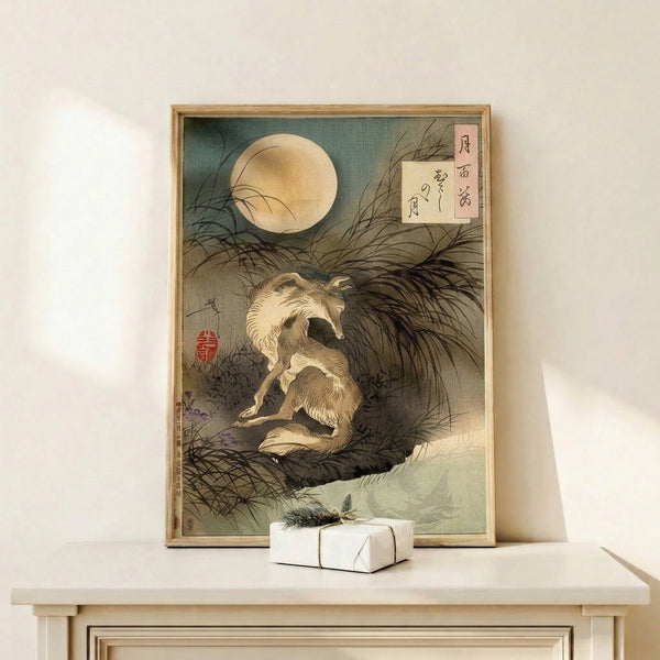 Japandi wall art print depicting a dog moon-viewing scene in classic Japanese woodblock aesthetic, featuring subtle gold accents and calming color scheme.