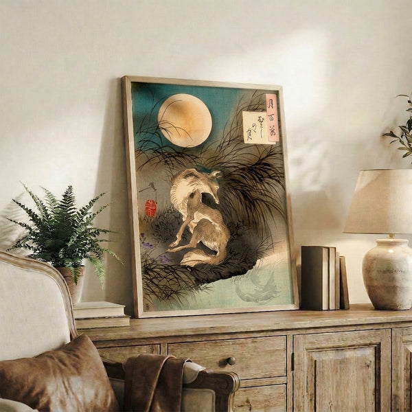 Framed Japanese-style woodblock art print capturing a dog's serene moment under moonlight with whimsical, meditative mood in muted palette.