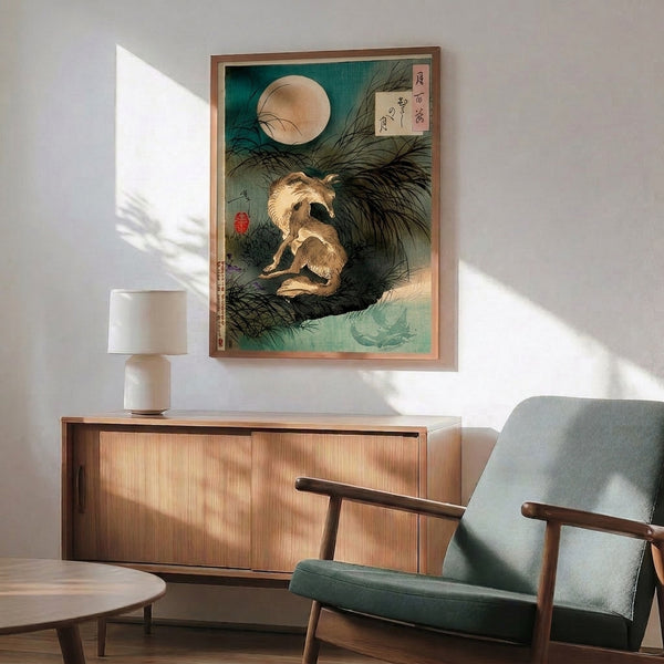 Framed Japandi wall art print of a dog moon-viewing scene in classic woodblock style, displaying serene and whimsical mood with restrained color palette.