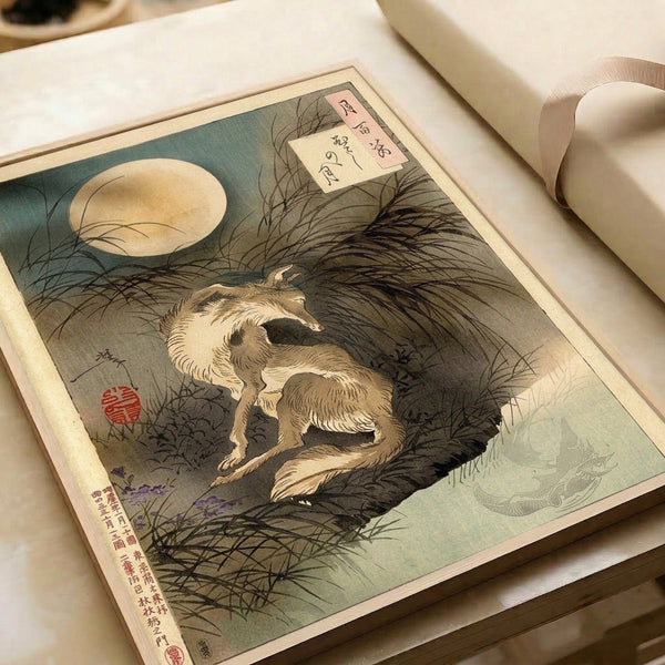 Japanese art print in woodblock style showing a contemplative dog in a moon-viewing garden scene with whimsical, peaceful atmosphere.