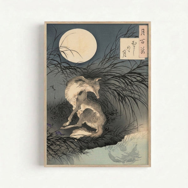 Contemplative nocturnal scene in traditional ukiyo-e style showing a solitary wolf beneath a pale moon, framed as wall art in Japandi aesthetic.