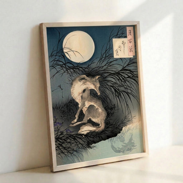Wabi-sabi inspired artwork featuring a wolf silhouetted against moonlight with flowing water and grass, executed in muted grays and blacks with touches of pale blue.
