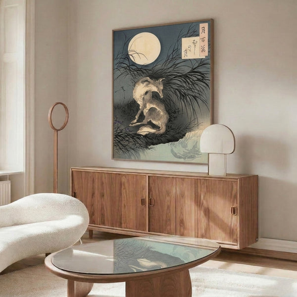 Peaceful ukiyo-e inspired print featuring a lone wolf gazing at the moon in a minimalist composition with water, grass, and a sophisticated cream and teal color scheme.