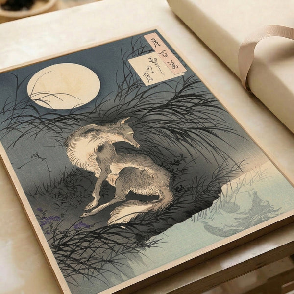Nocturnal woodblock-style artwork portraying a serene wolf beneath moonlight, rendered in deep grays and blacks with accents of pale blue and cream.