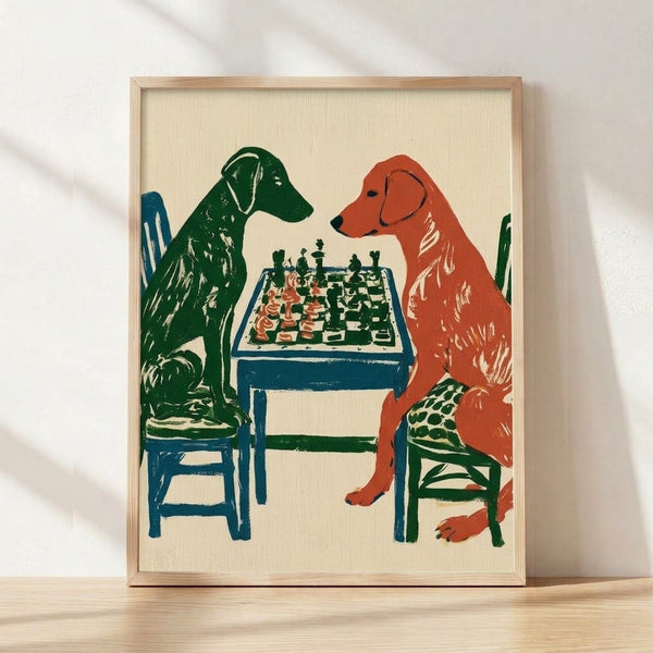 Retro framed poster of dogs engaged in a chess game, rendered in warm cream, forest green, rust red, and cobalt blue tones with a playful, vintage aesthetic.